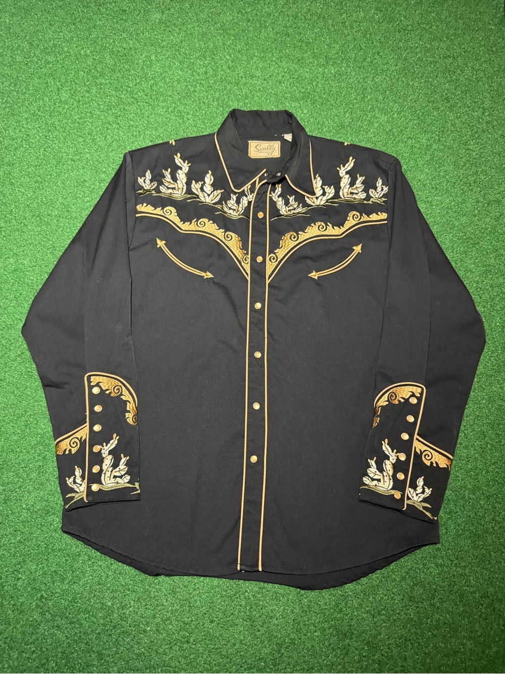Scully Vintage Western Shirt Cactus Floral Black Medium Cowboy Pearl Snap Shirt